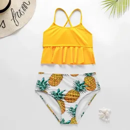 Women's Swimwear 5-16Years Girls Swimsuit Palm Tree High Waist Bikini Set Ruffle Two Piece Children's Little Girl Bathing Suit Beachwear