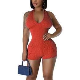 Women Short Jumpsuits Skinny Sexy V Neck Sleeveless High Elasticity Short Rompers with Pockets Bodycon One Piece Outfits