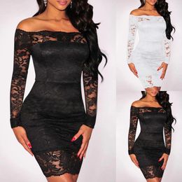 Casual Dresses Women'S Sexy Off Shoulder Lace Bodycon Dress Black White Long Sleeve Female Evening Party Elegant Lady Gowns