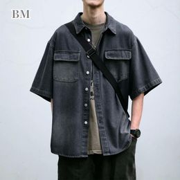 Men's Casual Shirts Japanese Vintage High Quality Short Sleeve Summer Harajuku Cargo Denim Shirt For Men Clothing Korean Fashion Thin Coat