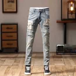 Men's Jeans Nostalgic Retro Bikers Mens Stitching Patchwork Street Slim Fit Skinny Embroidered Ruan Handsome Personality Trousers Q240509