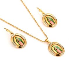 1 Mother Virgin Mary Necklace Earrings Pendant Set 14 K Fine Solid Gold GF CZ Catholic Religious crystal Jewellery Set Gift3436780