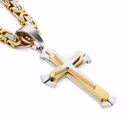 Stainless Steel Pendant Necklace 3 Layers Knight Gold Silver Tone Strong Byzantine Chain Mens Fashion Jewelry9409536