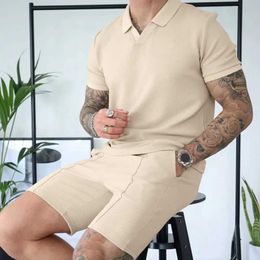 Men's Tracksuits Casual loose fitting mens casual summer suit V-neck T-shirt wide leg shorts elastic waistbandL2405