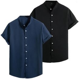 Men's Casual Shirts Fashion 2024 Summer Plain Shirt Stand Collar Short Sleeve Solid Color Button-Down Black Dress For Men