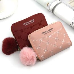 Wallets Embroidered Wallet For Women Ladies Coin Purses Hairball Tassel PU Leather Zipper Holder Clutch Money Bag Pocket