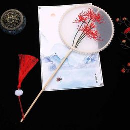 Chinese Style Products Gufeng Fan Classical Embroidery Fan Chinese Long Short Handle Round Shaped Tuan Fan Embroidery Fan Hanfu Dance Fan