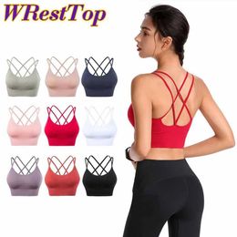 J44O Active Underwear Women Strappy Sports Bras Seamless Criss Cross Back Sexy Padded Fitness Yoga Vest Gym Running Crop Top Breathable Beauty Bras d240508
