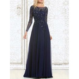 Top Selling Elegant Navy Blue Mother of The Bride Dresses Chiffon See-Through Long Sleeve Sheer Neck Appliques Sequins Evening Dress 0509