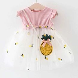 Girl's Dresses Summer Kids Girl Mesh Princess Dress Patchwork Tulle Tutu Baby Sleeveless Dress+Hat Pineapple Design Cute Children Clothing A461