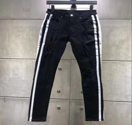 NEW Fashion Men White stripe Wear Stretch jeans breaks holes pattern Hollow Out Biker Classic Easy Slim Straight Denim Trouse5462039