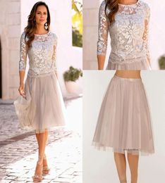 2022 Elegant Boho Mother Of The Bride Dresses Lace Tulle Knee Length 3/4 Long Sleeves Wedding Guest Dress Short Evening Gowns 0509