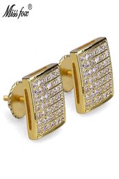 MISSFOX Hiphop 24K Gold Plated Jewelry Earrings Screw Thread Whole Square Cubic Zirconia Bijoux Piercing Earring Man Woman7349826
