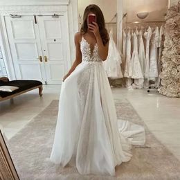 Boho sukienka spaghetti paski na paski bohemijskie sukienki ślubne koronkowe sukienki ślubne Troubjurk szata de Mariage BC4881 0509