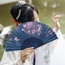 Chinese Style Products Vintage Silk Folding Fan Chinese Art Crafts Gift Fan Home Decoration Portable Bamboo Wood Printed Dance Hand Fan