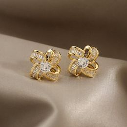 Korea Fashion Jewelry Luxury Zircon 14K Gold Plated Geometric ed Earrings Elegant Women039s Wedding Accessories Stud5367370