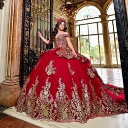 Red Quinceanera Dressed 2024 Ball Gown Gold Appliques Lace Tull Princess Sweet 16 Birthday Party Formal Wear vestidos de 15 anos