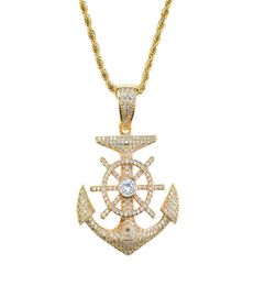 Boat Anchor Pendant Necklace Gold Plated Copper Inlaid Cubic Zirconia Pendant 60cm Stainless Steel Chain Men Accessories2412866