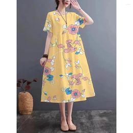 Party Dresses Summer Traditional Pattern Print Casual Round Neck Short Sleeve Dress Imitation Linen Fabric Light Breathable Comfortable