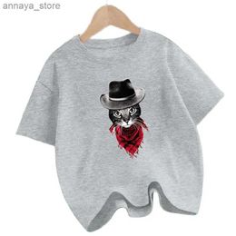 T-shirts Cool little cat wearing denim hat T-shirt boy short sleeved T-shirt fun T-shirt childrens clothingL2405