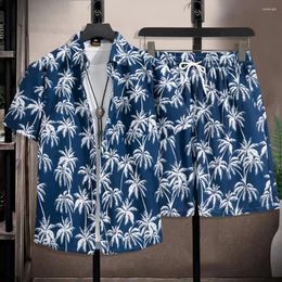 Men's Tracksuits 2Pcs/Set Men Summer Casual Outfit Lapel Short Sleeve Single Breasted Shirt Wide Leg Shorts Set Coconut Tree Print Hawaii