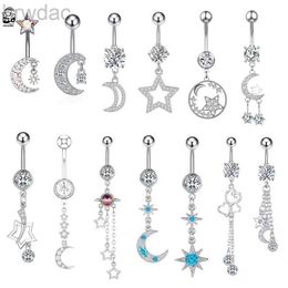 Navel Rings Surgical Steel Dangle Belly Button Ring Moon Star Chain Navel Ring Piercing for Women Zircon Body Piercing Nombril Jewellery d240509