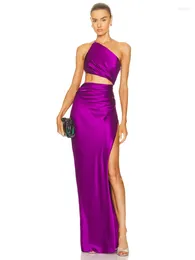 Casual Dresses Summer 2024 Women Sexy One Shoulder Yellow Purple Split Long Maxi Dress High Street Satin Party Vestido