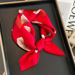 Scarves %Silk Scarf Womens Elegant Flower Print Foulard Neck Hairband Small Square Spring Kerchief Tie 2023 New Q240508