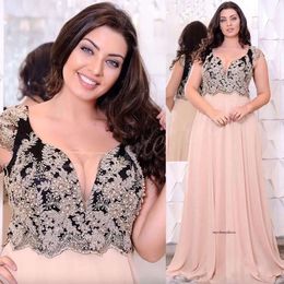 Champagne Lace Appliques Plus Size Evening Dresses Deep V-Neck Beaded A Line Prom Gowns Cheap Floor Length Chiffon Formal Dress 0509