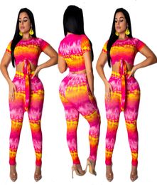 Women Tie Dye Two Piece Pants Outfits Sexy Stretchy Print Short Sleeve Bandage Crop Top Long Pant Set for Club Party Rose Red5442025