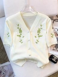 Women's Knits Vintage Ice Silk Knit Sweater Women Cardigans Tops 2024 Summer Elegant Solid Fashion Knitwear T-shirts Short Sleeve V-neck