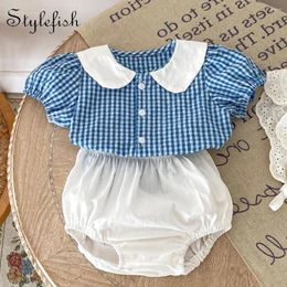 Clothing Sets Summer Baby Boys And Girls Trend Delicate Cute Doll Collar Plaid Top Solid Colour All-Matching Bread Pants 2