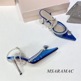 Slippers Sexy Blue Pointed Toe Crystal Pearl Chain High Heel Leather Woman Dress Shoes Summer Nightclub