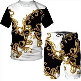 Men's Tracksuits Summer Mens Luxury Golden Pattern Shorts/Sets 3D Printed Men Two Piece Suit T shirt Fashion Male Sweatshirt T shirt Men Clothes T240507