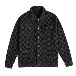 Men Cheque Print Denim Jacket Casual Loose Plaid Jean Coat Black Long Sleeve Outerwear 240428