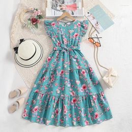 Girl Dresses Kids Casual Dress For Girls Clothes Summer Children Fashion Floral Print Blue A-line Princess With Belt 7-14Y