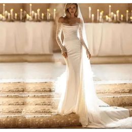 Seksi Kapalı Omuz Denizkızı Düğün Dantel Elastik Saten Uzun Kollu Gelinlikler Elbiseler Özel Yapım 0509