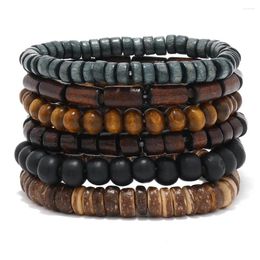 Charm Bracelets 6pcs/set Handmade Retro Multi-layer Elastic Thread Wooden Bead Beaded Set For Men Coconut Shell