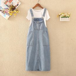 Casual Dresses Women Denim Suspender Dress Solid Straps Loose Soft Cargo Jean Vestido Female Summer Versatile Overalls Frock With Pocket