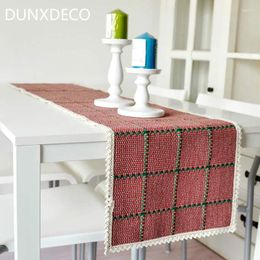 Table Runner DUNXDECO Cotton Knitting Tablecloth Christmas Party Decorative Mat Fabric Classical Red Grey Cheque