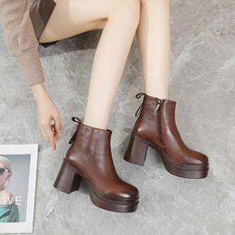 Boots 8cm Cow Genuine Leather Comfy Elegance Shoes Retro Chunky Heels Moccasins Spring Autumn Rubber Ladies Ankle Booties Women