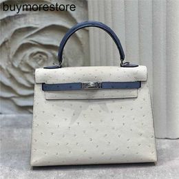 Top Cowhide Handbag Handmade Coloured Ostrich Skin Bag 25Cm Luxury Bag Outer Sewn Handmade Bag True Belt LockI5Y1