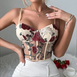Women Mesh Hollow Out Sexy Crop Tops Flower Embroidery Sweet Tank Top Spaghetti Camis Streetwear Tube Spring Summer 240507