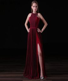 2017 Burgundy Chiffon Long Evening Dresses Halter Fashion Women Formal Gown Cheap Crepe Sexy Slit Evening Party Prom Dresses A0194943634