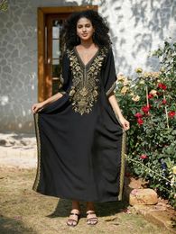 Gold Embroidered Kaftan Women's Summer Black Robe House Dress Vacation Party Beachwear Swimsuit Cover Up Q1642
