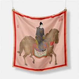 Scarves Twill Silk Scarf Womens Horse Riding Painting Square Wrapped with Bandage Small Headband Fountain Tie Neckline 53CM Q240508