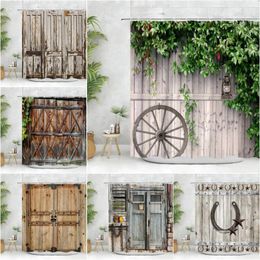 Shower Curtains Vintage Wood Panel Curtain Farm Barn Door Greenery Horseshoe Wheel Rustic Pentagram Polyester Fabric Bathroom Decor Set