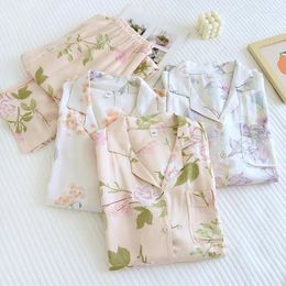 Home Clothing Summer Women's Pyjamas Floral Printed Homewear Long Sleeve Shirt Pants Nightwear