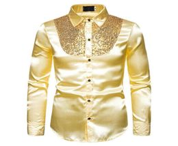 Men039s Dress Shirts Men Satin Shiny Silk Wedding Shirt Long Sleeve Sequin Fitness Slim Male Blouse Top Ruffle6428428