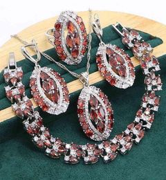 Red Garnet 925 Silver Jewelry set for Women Wedding Bracelet Earrings Necklace pendant Ring Birthday Gift H2204228205342